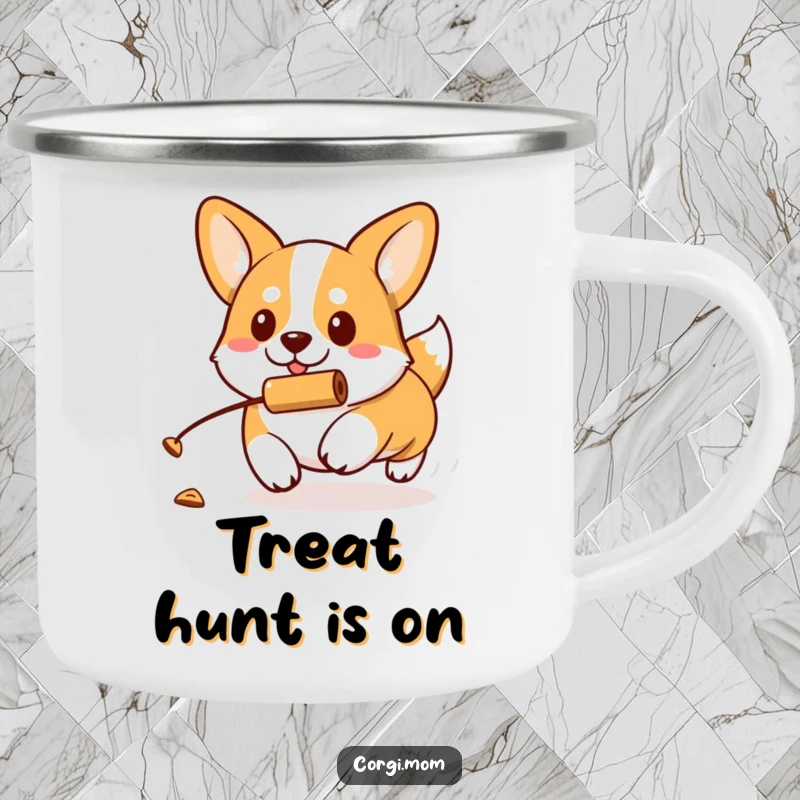 Funny kawaii Corgi with a determined expression chases a rolling treat on this rugged camping mug, perfect for on-the-go enjoyment.