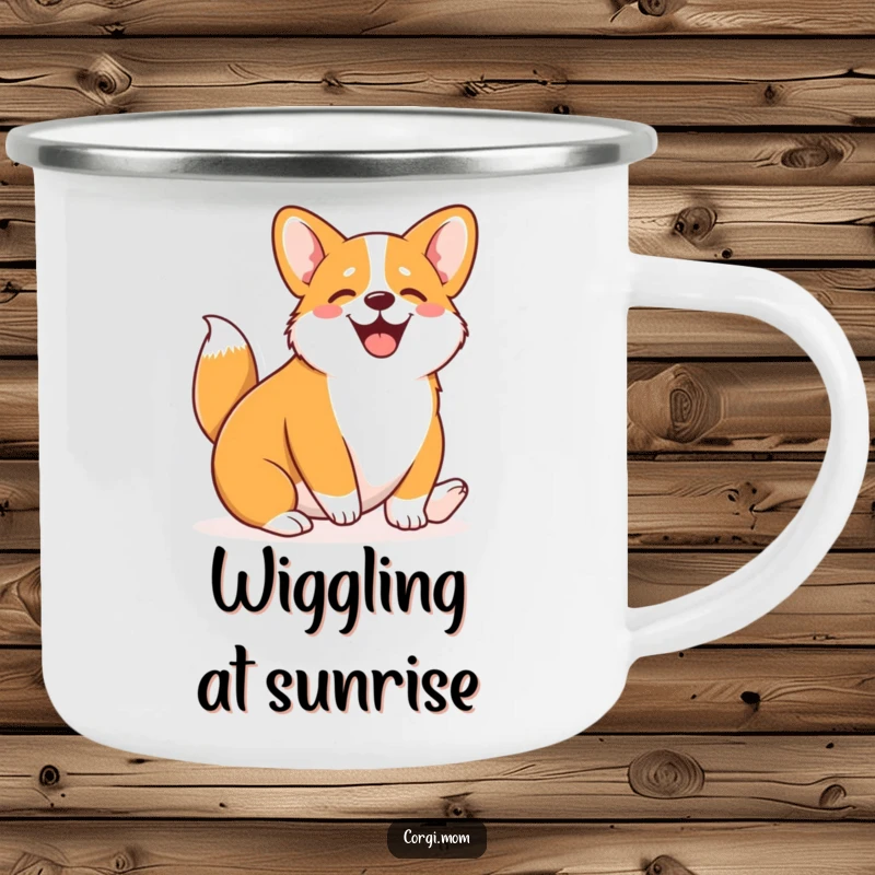 Funny Kawaii Corgi camping mug with a cute Corgi wiggling its entire body with pure joy, perfect for outdoors.