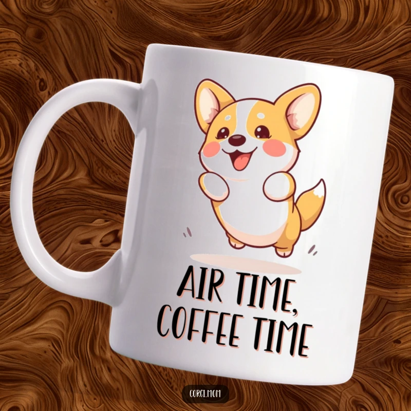 Funny Kawaii Corgi Mug depicting an adorable Corgi enthusiastically attempting a playful jump, full of joyful energy and cute puppy charm.