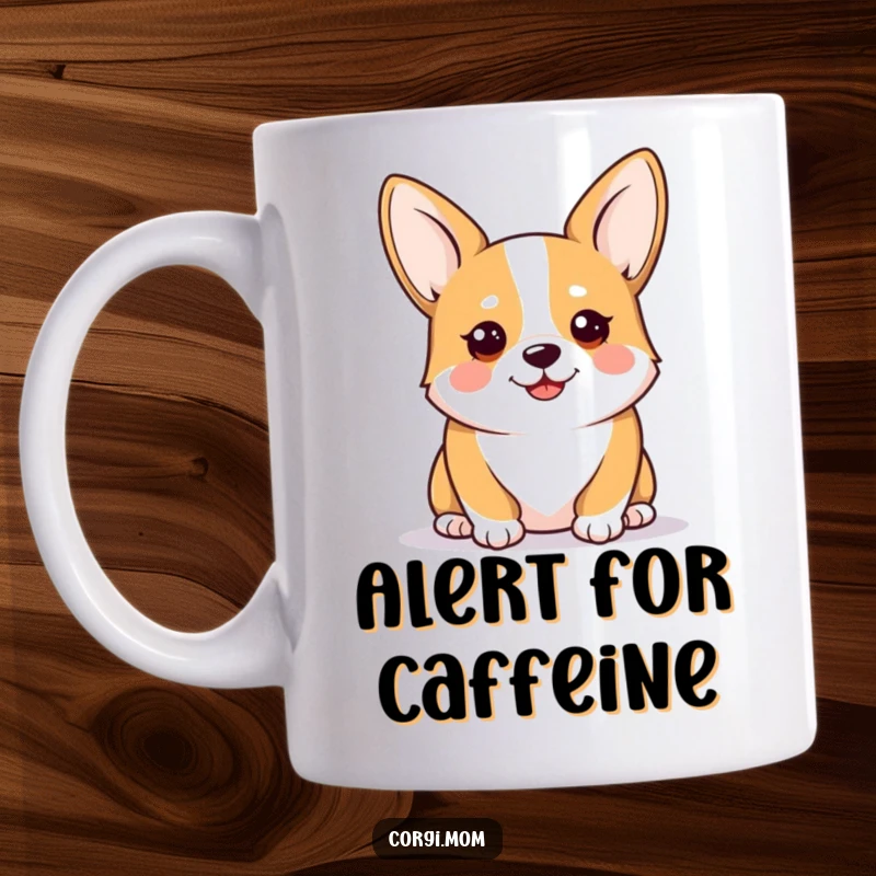 Funny Kawaii Corgi Mug, ears perked and looking alert and happy, ready for adventure, perfect for dog lovers.
