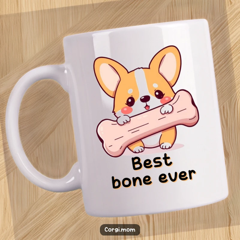 Funny Kawaii Corgi mug, peeking playfully from behind a huge bone, exuding pure joy and mischief, ideal for dog lovers.
