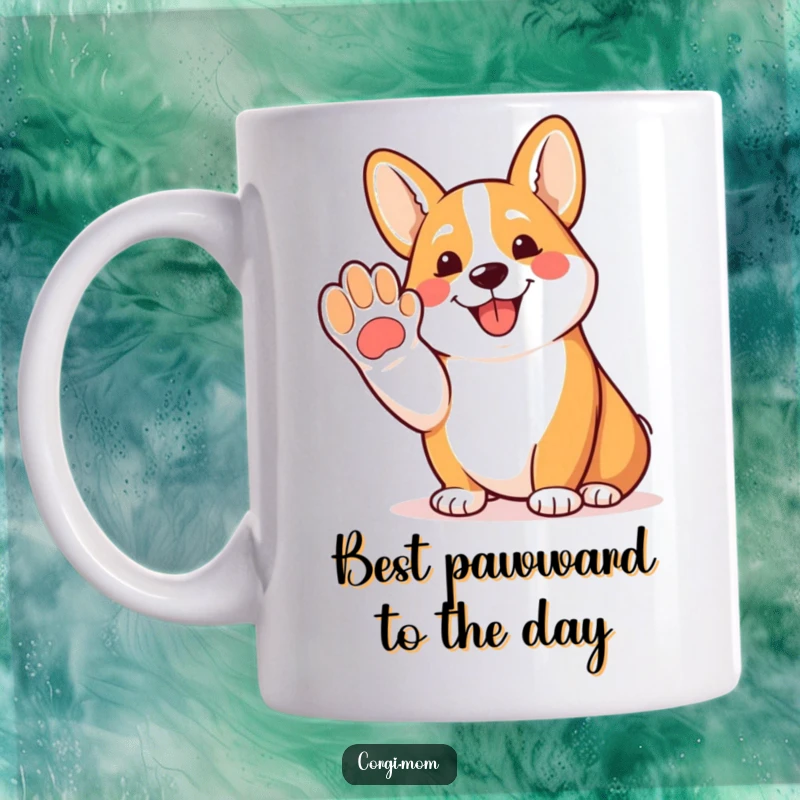 Funny Corgi mug with a happy Corgi offering a friendly paw and panting with joy, a perfect dog lover gift.