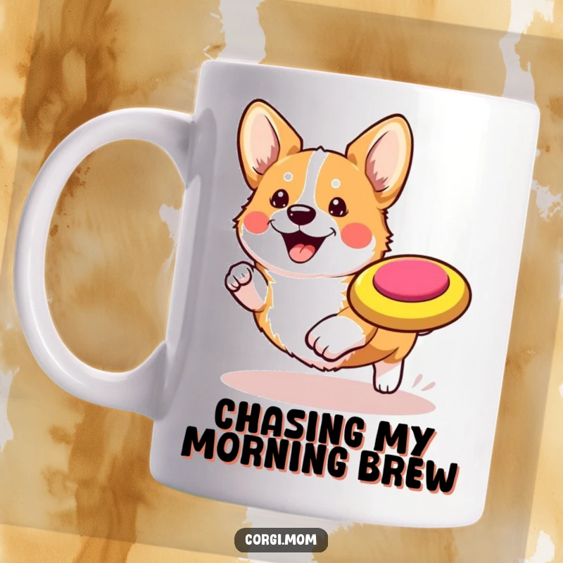Funny Kawaii Corgi Mug: A cute Corgi with a happy expression joyfully chasing a colorful frisbee mid-air.
