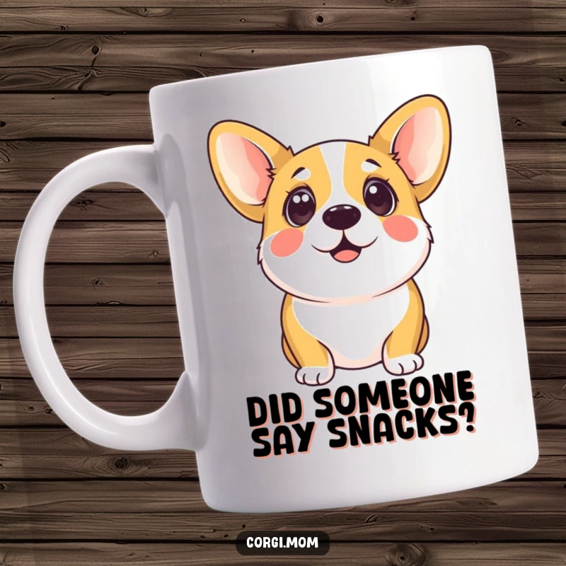Funny kawaii corgi looking upwards with huge, pleading, eager eyes, conveying innocence and adoration on a mug.