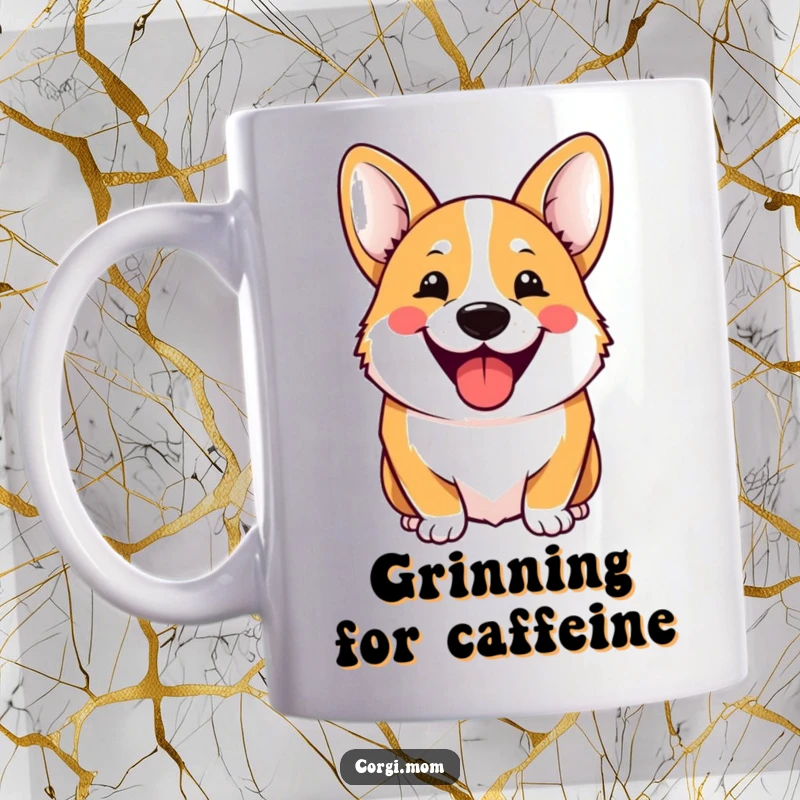 Funny Mug featuring a cheerful Kawaii Corgi with a massive, happy grin, radiating pure joy and hilarious delight.