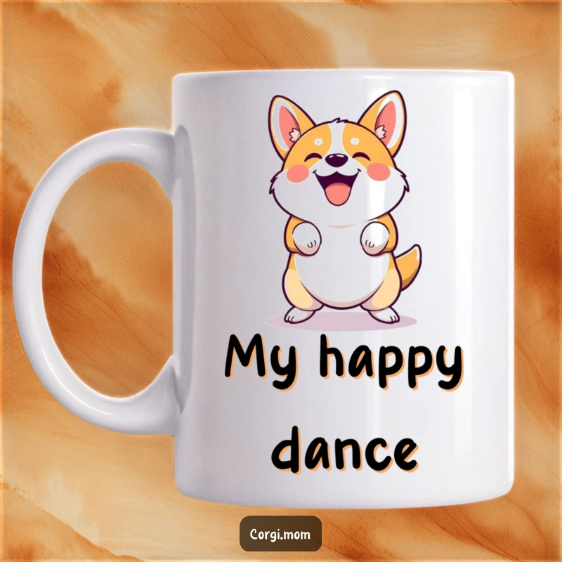 Funny cute Corgi character mug performing a joyful, squatting bounce. Ideal for a funny gift and happy mornings.