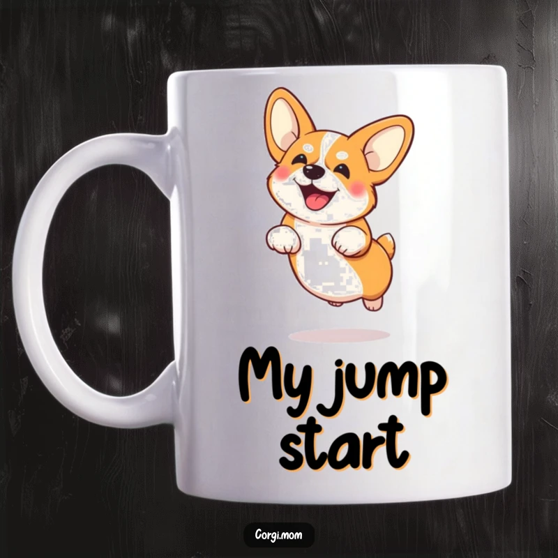 Funny Corgi with large ears doing a low, airborne jump with a comical expression, depicted on a fun mug.