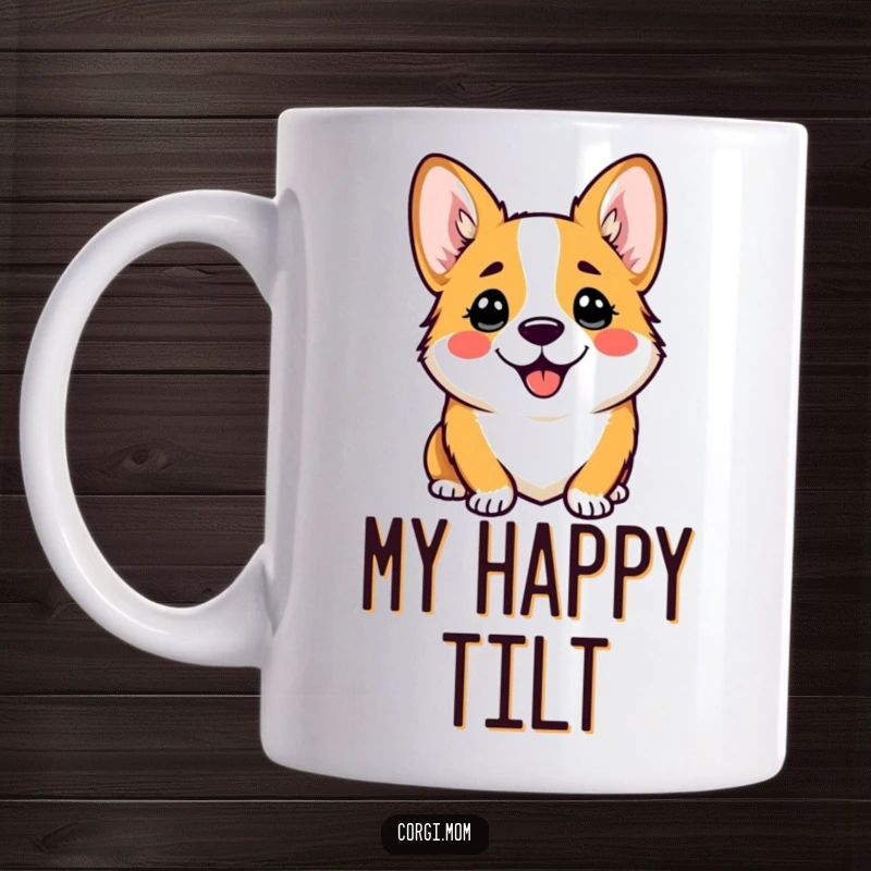 Funny mug featuring a kawaii corgi with a comically happy and curious head tilt, radiating irresistible charm.