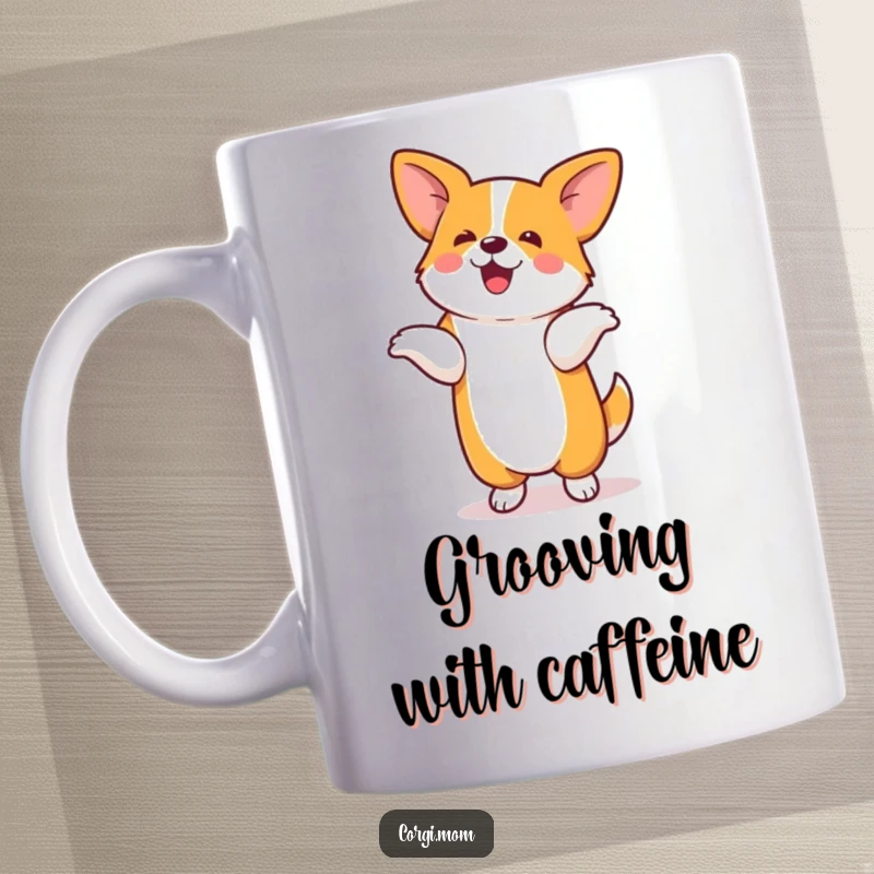 Funny mug featuring a kawaii corgi doing a silly dance on its hind legs, radiating pure, unadulterated joy and energy.