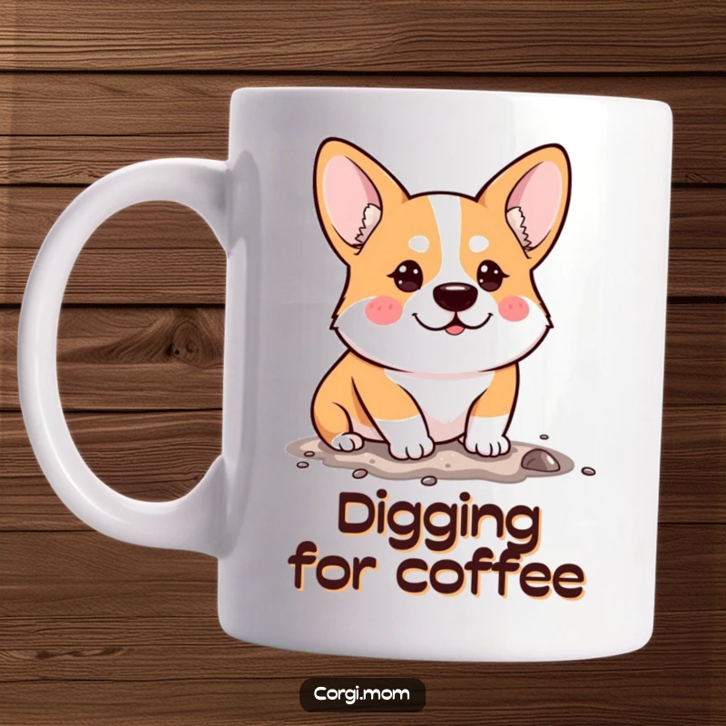 Funny Mug featuring a Kawaii Corgi with a determined expression, paws digging enthusiastically into the ground.