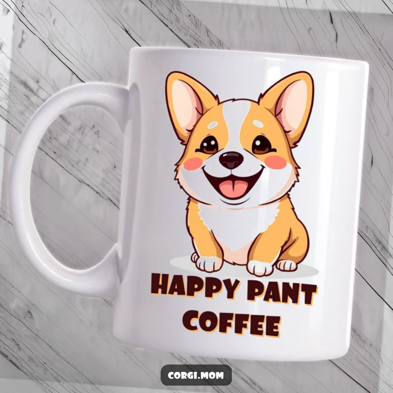 Funny Goofy Corgi Mug, panting with a big, happy smile, radiating pure joy and silliness, perfect for dog parents.