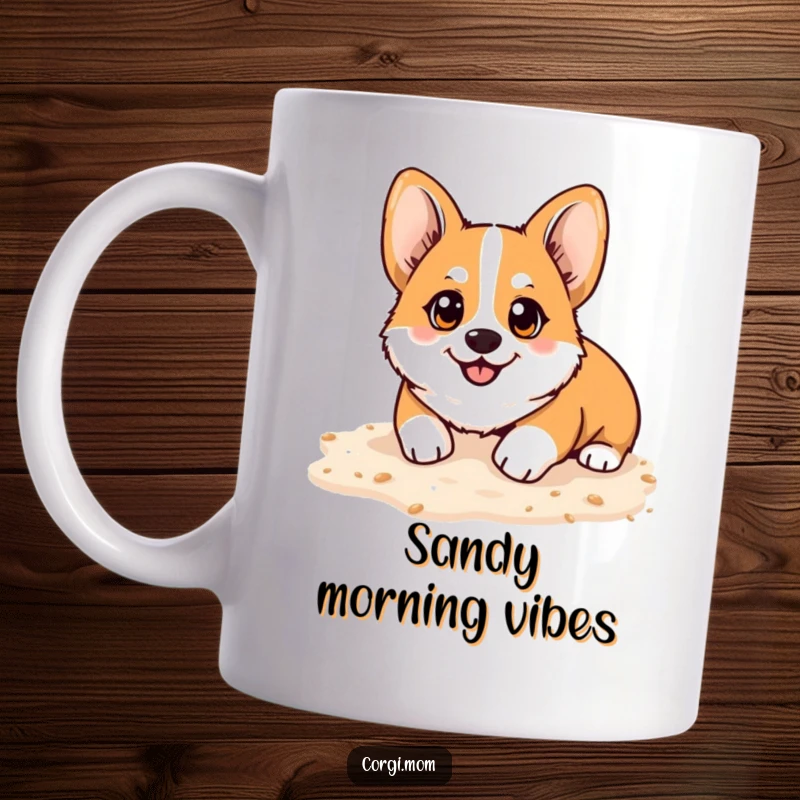 Funny Kawaii Corgi mug, bright happy eyes, playfully digging in soft sand, embodying pure beachside bliss and humor.