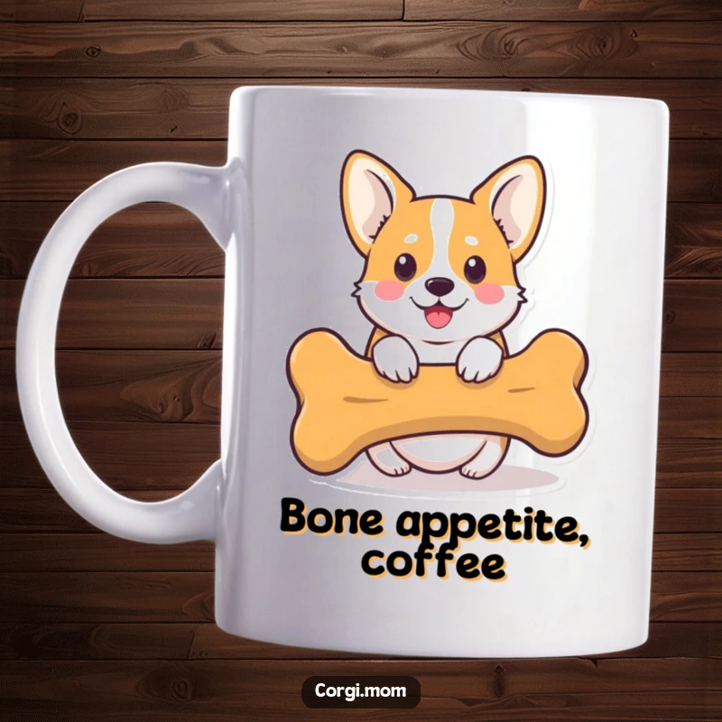 Funny Kawaii Corgi Mug showcasing a cute Corgi peeking playfully from behind an oversized bone, hinting at a delightful surprise.