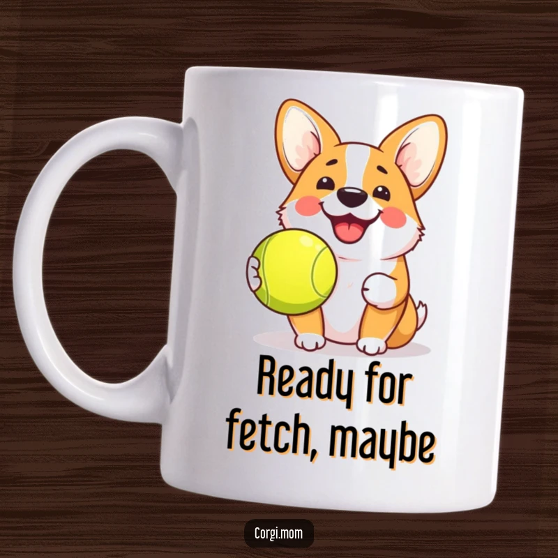 Funny Kawaii Corgi Mug with a cheerful grin and holding a tennis ball, a hilarious and cute design for dog lovers.