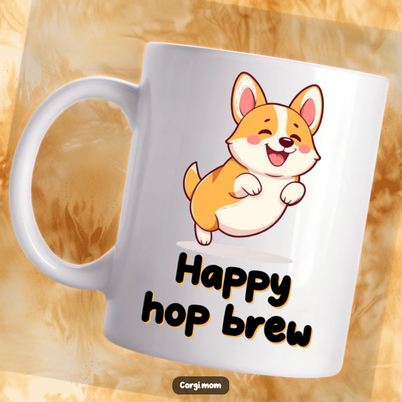 Funny Kawaii Corgi mug, mid-leap with stubby legs, showing pure elation and energy, a delightful design for dog enthusiasts.