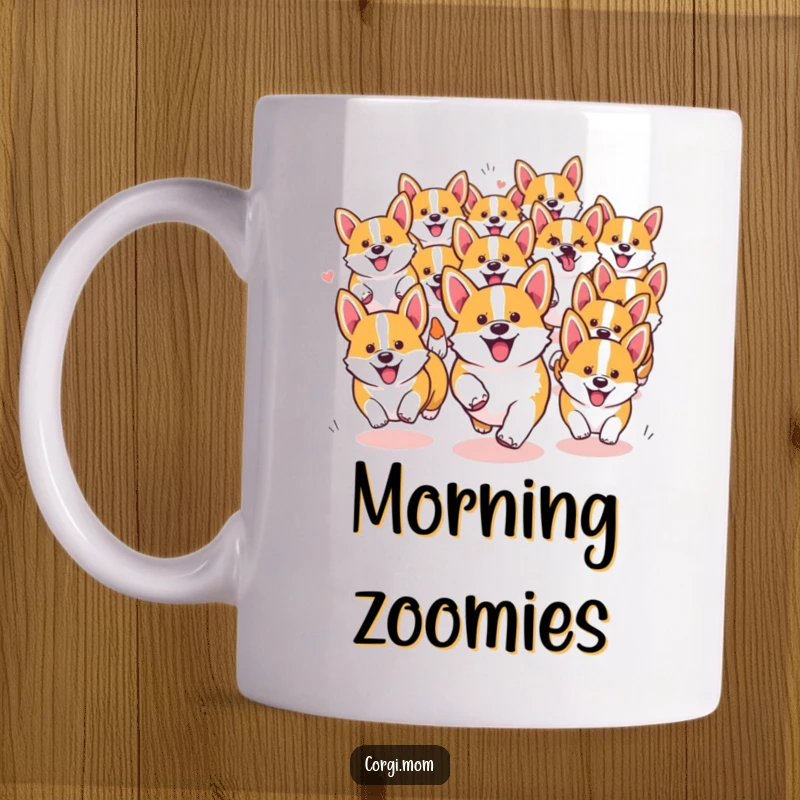 Funny Kawaii Corgi mug featuring a chaotic, happy pack of short-legged dogs running together with pure joy.