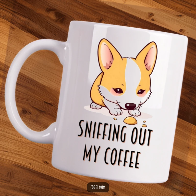 Funny Kawaii Corgi mug showing a cute dog curiously sniffing the ground, evoking a sense of playful investigation and charm.