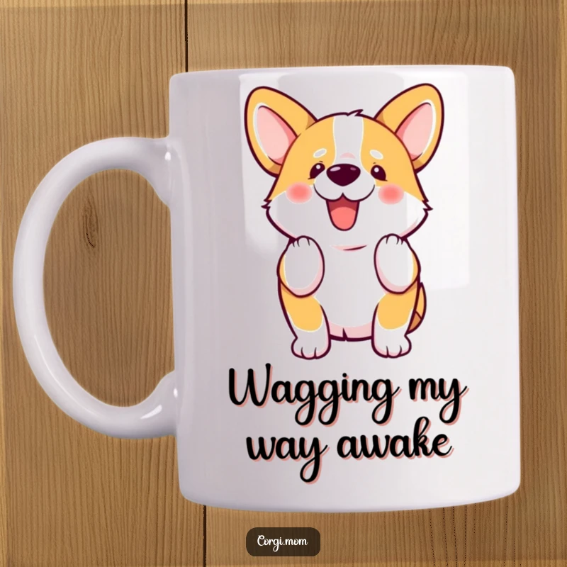 Funny kawaii Corgi enthusiastically wiggles its stubby tail, expressing pure joy and excitement on this delightful mug.