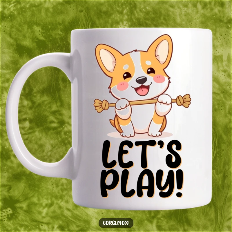 Funny Kawaii Corgi mug, playing tug-of-war with a happy snort, full of playful energy.