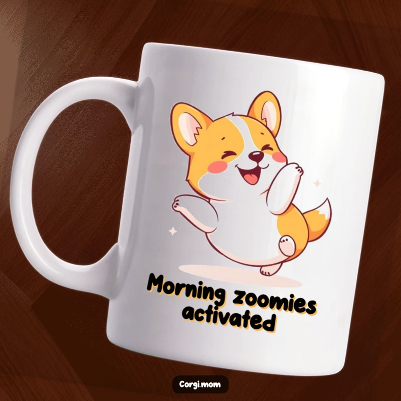 Funny Kawaii Corgi Mug showing a cute dog doing a happy tumble, a hilarious and joyful design for dog lovers.