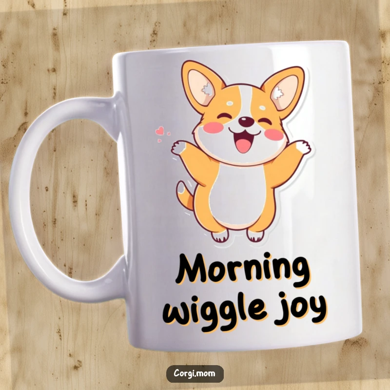 Funny Kawaii Corgi with perky ears doing a joyful wiggle dance, an incredibly cute and humorous design.
