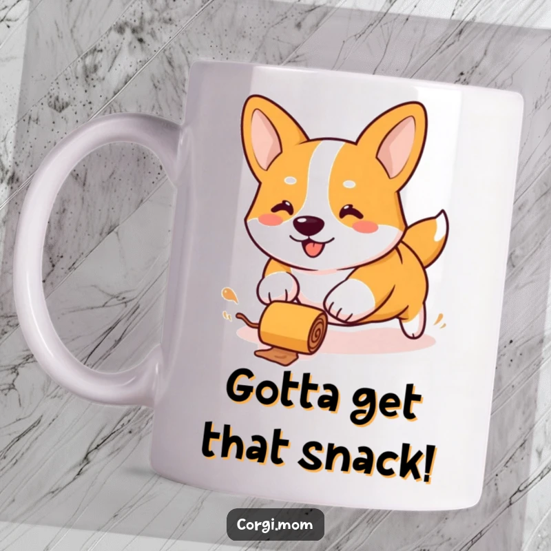 Funny Kawaii Corgi mug with stubby legs, joyfully sprinting after a rolling treat, showcasing pure, unadulterated canine excitement and humor.