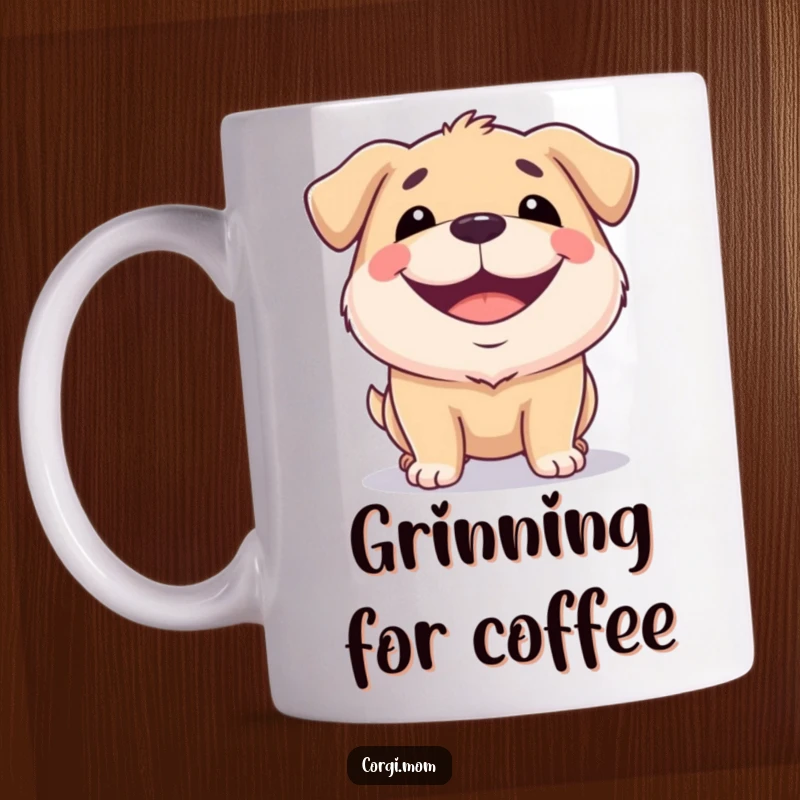 Funny mug featuring a delightful squat dog showcasing an incredibly happy, wide grin, radiating pure joy and contentment.