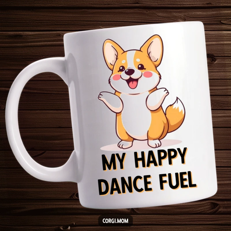 Funny Kawaii Corgi mug featuring a cute dog doing a happy tail shimmy dance, radiating pure joy and silliness.