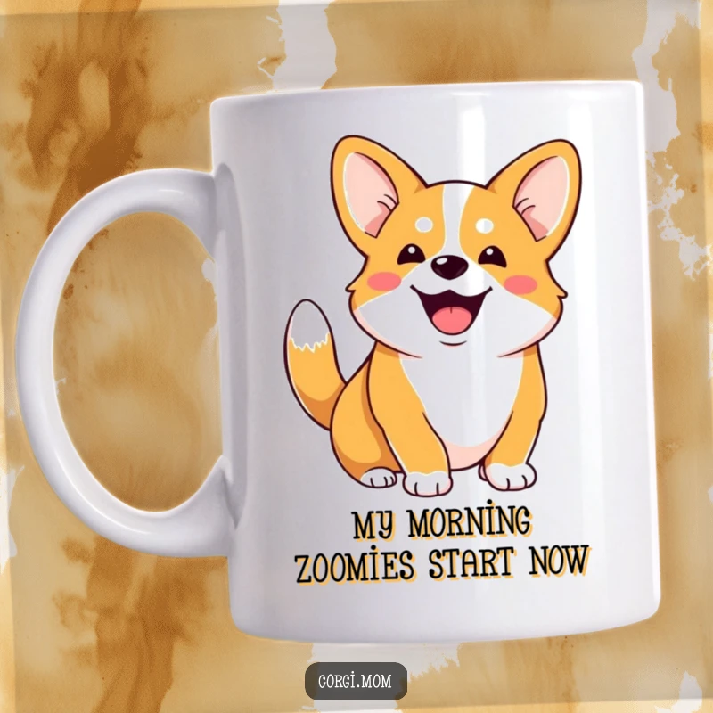 Funny Corgi mug featuring a gleeful Corgi with a wildly wagging stubby tail, embodying pure doggy delight.