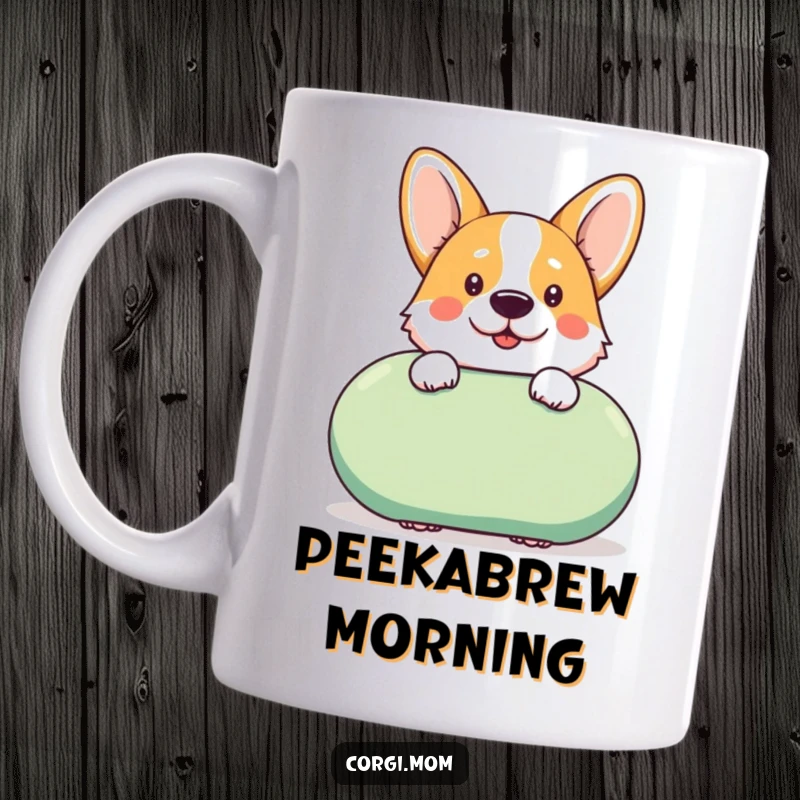 Funny kawaii Corgi peeks cheekily from behind a giant squeaky toy, full of playful mischief on this delightful mug.