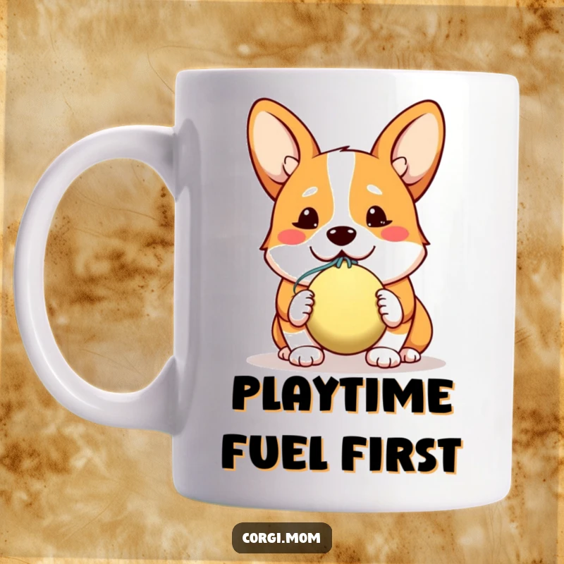 Funny mug featuring a cute kawaii corgi with a hopeful smile, offering a slobbery tennis ball, radiating doggy devotion.
