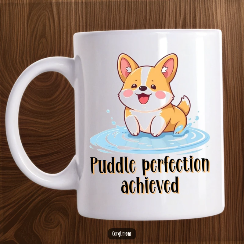 Funny Kawaii Corgi Mug: a happy, smiling corgi gleefully splashing in a small puddle, its ears perked up in delight.