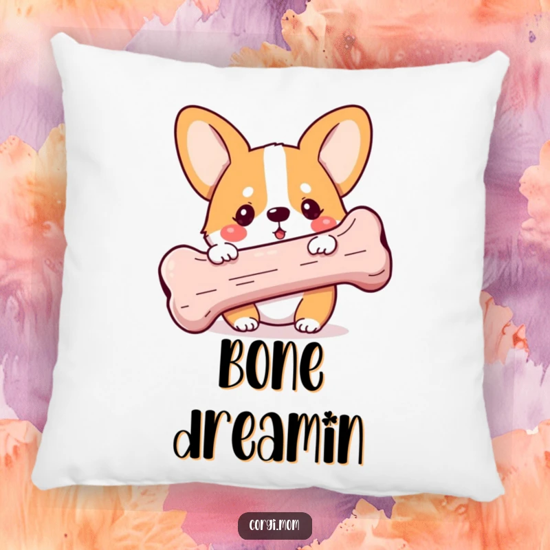 Funny Kawaii Corgi pillow, peeking from behind a gigantic bone with a playful glint, soft and decorative for any room.