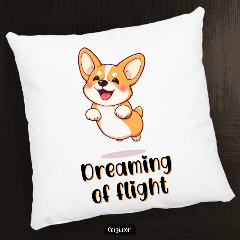Playful Corgi with large ears mid-funny jump, depicted on a soft and cozy decorative pillow.