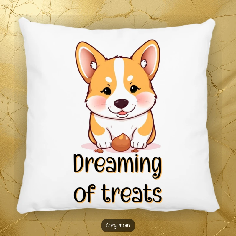 Funny Corgi pillow, a Corgi intensely focused on a dropped treat, perfect for adding comfort and humor.