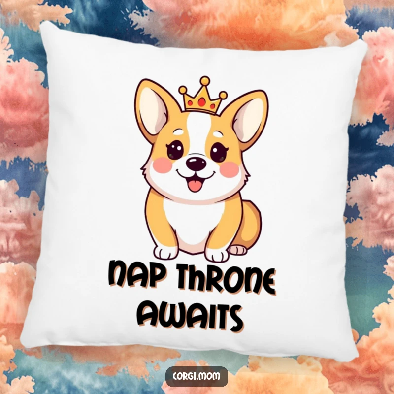 Funny Happy Corgi Pillow showing a cute Corgi dog wearing a tiny crown, offering royal comfort and humorous appeal.