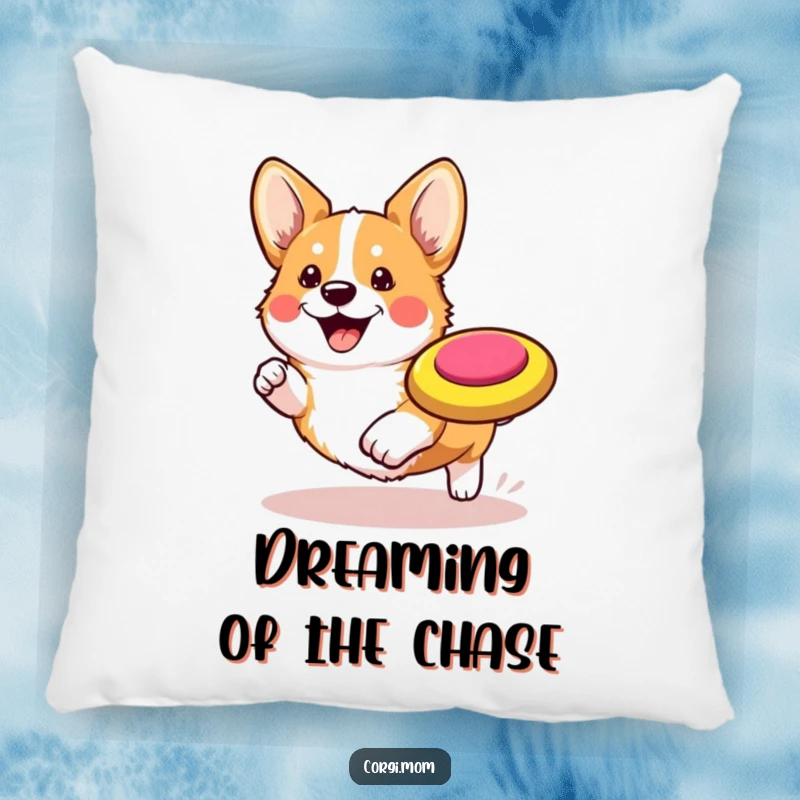 Funny Kawaii Corgi Pillow: A soft cushion featuring a happy Corgi in pursuit of a frisbee.