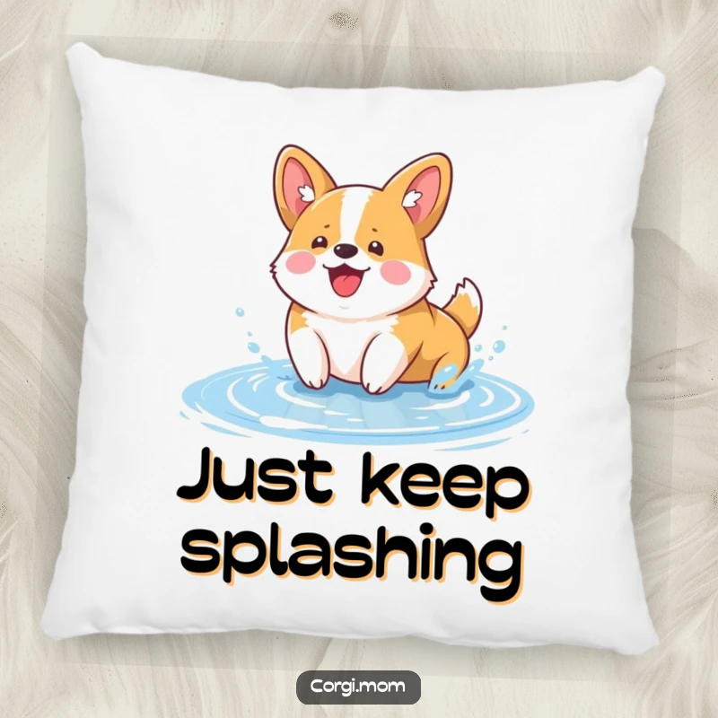 Funny Kawaii Corgi Pillow: a soft, plush pillow featuring a kawaii corgi joyfully splashing in a puddle, adding humor and comfort.