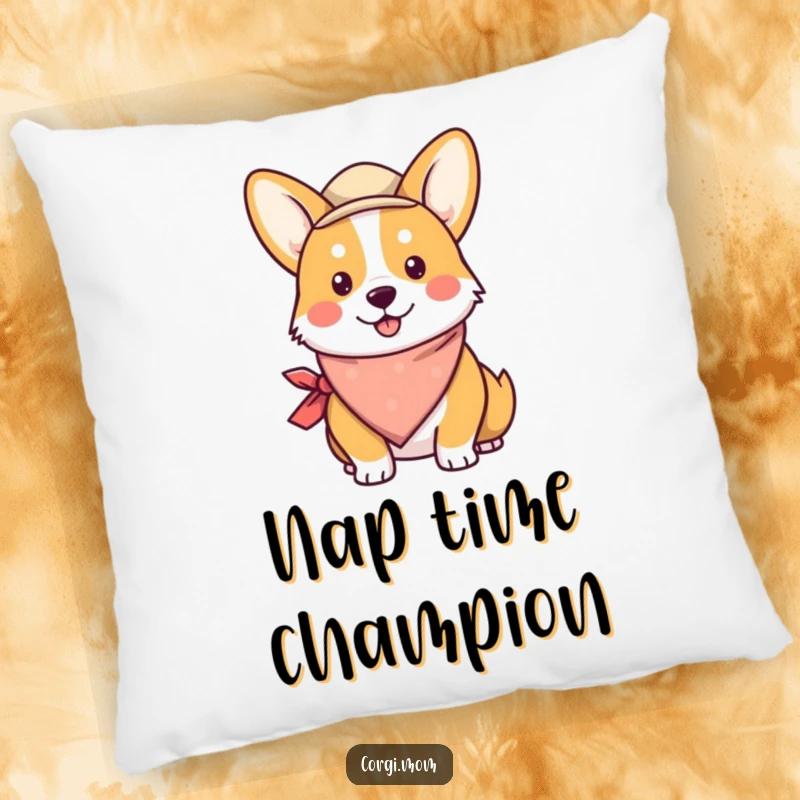 Funny Kawaii Corgi Pillow showcasing a sweet corgi dressed in a festive bandana and a cute, slightly tilted hat.