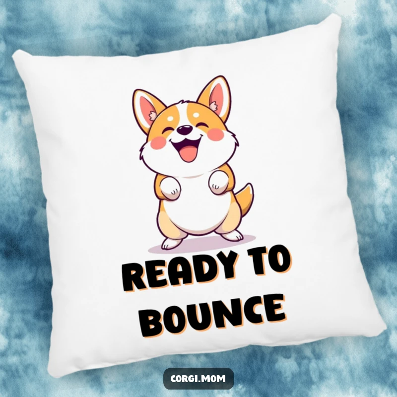 Funny cute Corgi pillow performing a joyful, squatting bounce. Perfect for cozy humor and a funny gift.