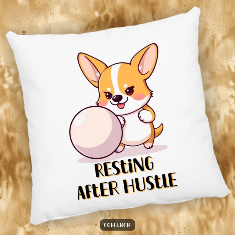 Funny pillow featuring a determined Corgi pushing a large bouncy ball, providing comfort and a dose of Corgi grit.