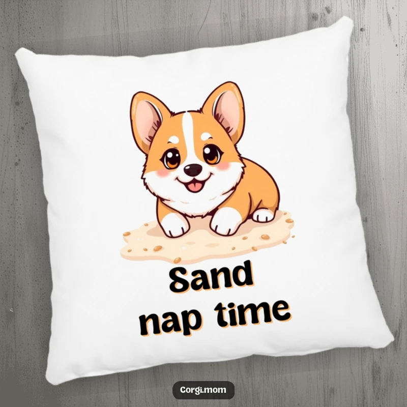 Funny Kawaii Corgi pillow, bright happy eyes, playfully digging in soft sand, offering comfort with a humorous beach theme.
