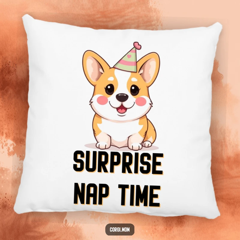 Funny Kawaii Corgi Pillow: A soft cushion featuring a cute Corgi wearing a party hat and looking surprised.