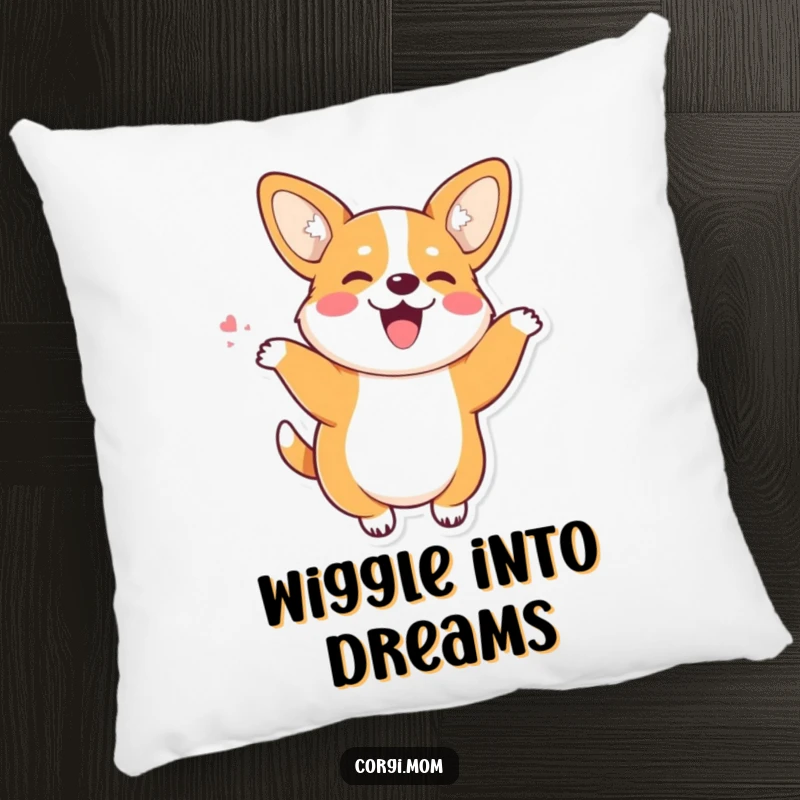 Funny Kawaii Corgi with perky ears doing a joyful wiggle dance, a soft and humorous throw pillow.