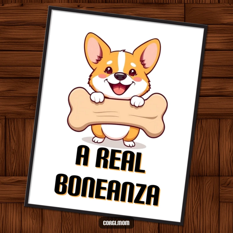Funny Corgi digital art print of a happy dog peeking from behind a bone. Ideal for instant decor and a funny gift.