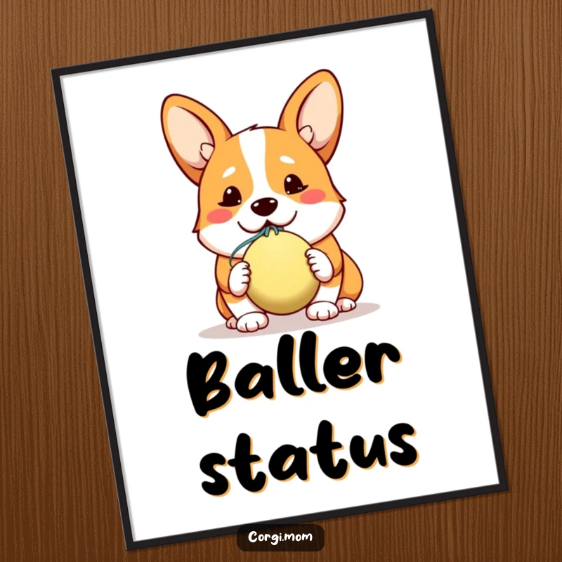 Funny digital art print of a hopeful kawaii corgi offering a slobbery ball, capturing doggy affection and fun.