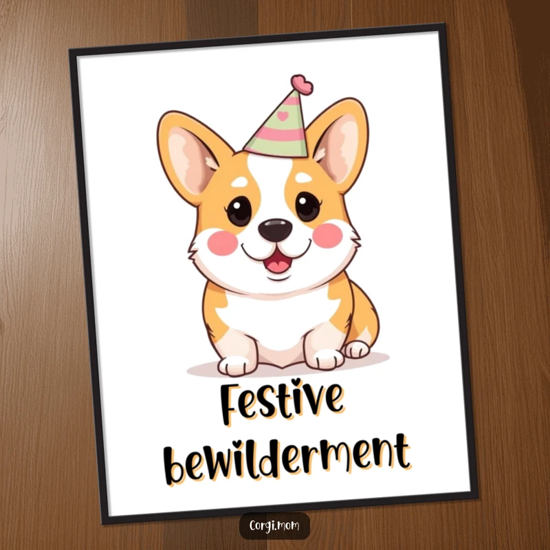 Funny Kawaii Corgi Digital Art Print: A high-resolution image of a cute Corgi wearing a party hat and looking surprised.