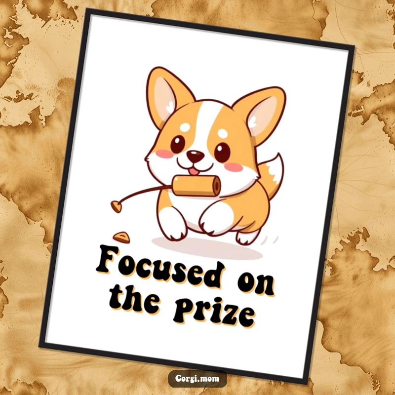 Funny kawaii Corgi with a determined expression chases a rolling treat, depicted in a downloadable art print for instant motivation.