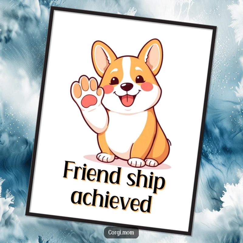 Funny Corgi digital art print of a happy Corgi offering a friendly paw and panting, capturing pure canine joy.