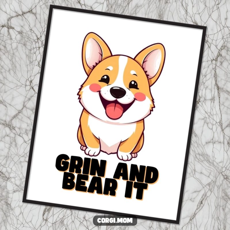 Funny Digital Art Print of a Kawaii Corgi with a wide, hilarious grin, perfect for instantly adding joy and charm.